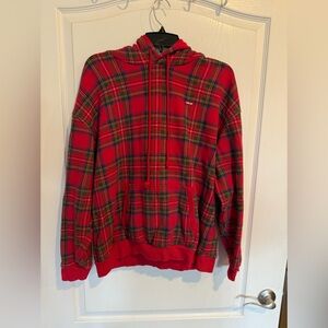 Levi's red Tartan plaid Pullover hoodie cotton blend hooded sweater Size medium